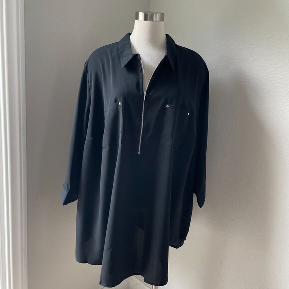 NEW Catherines Womens Plus 3X Black Blouse With Zipper Front & Pockets - Picture 1 of 7